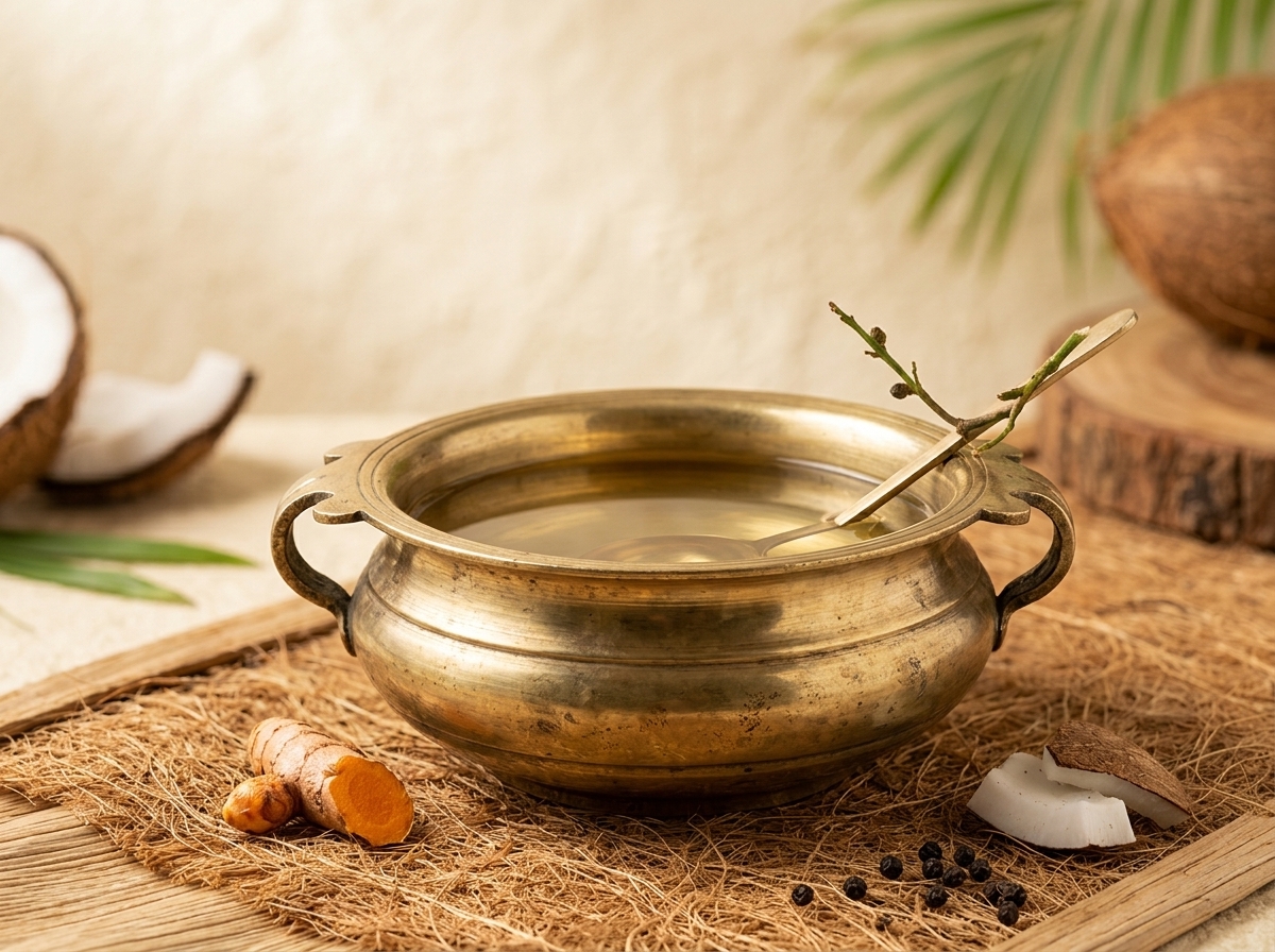 Traditional Kerala brass vessel with botanical oils