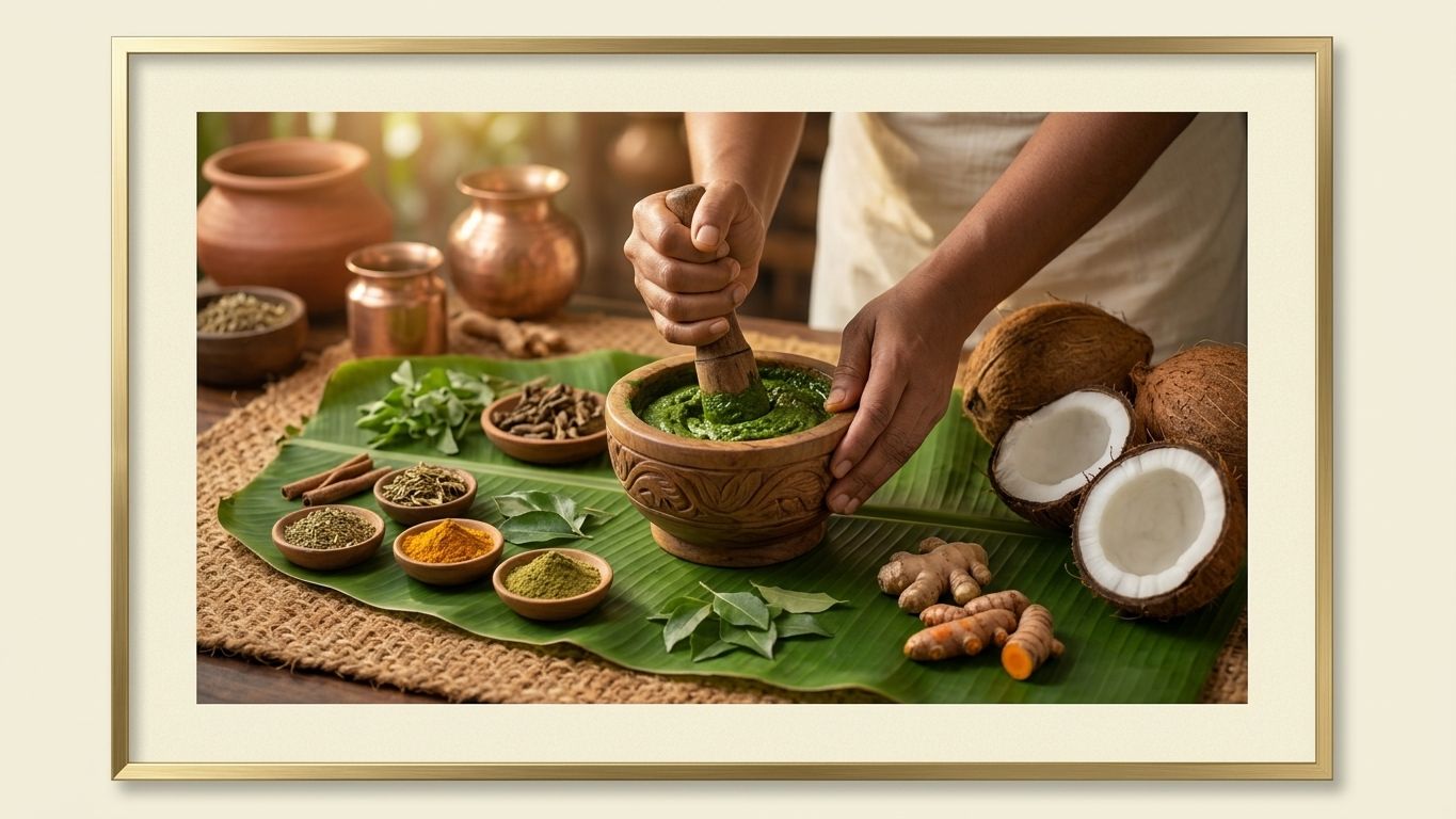 Artisan hands mixing fresh botanical ingredients in a wooden bowl