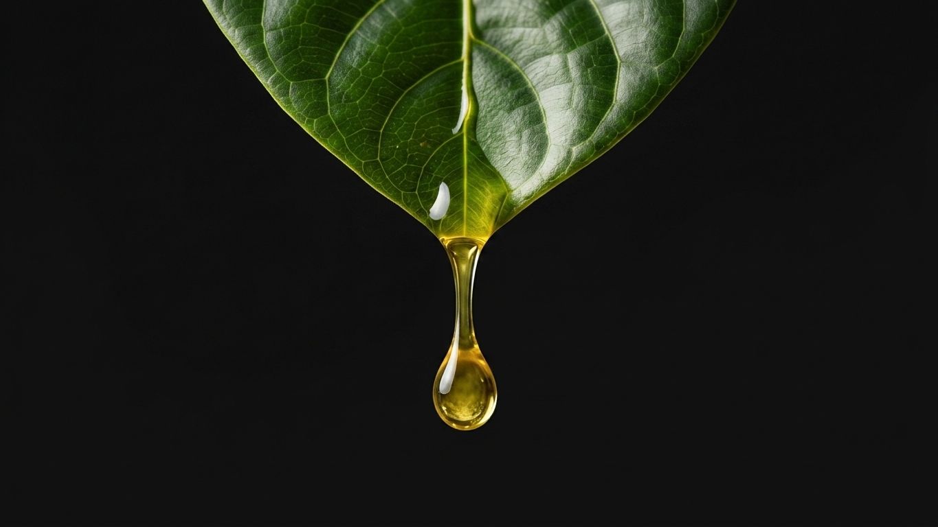 Macro shot of a botanical leaf dripping with pure oil